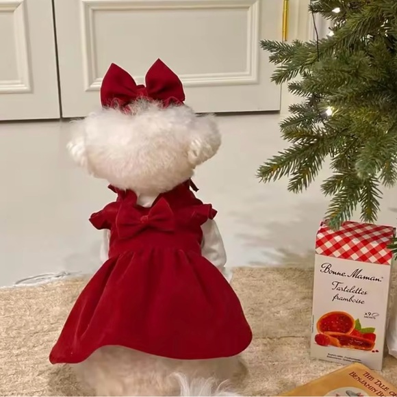 Red Velvet puppy dog Dress with Bow Christmas outfits - Picture 2 of 9